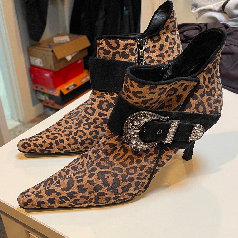 Costa Blanca Leopard Print Ankle Boots with Rhinestone Buckle